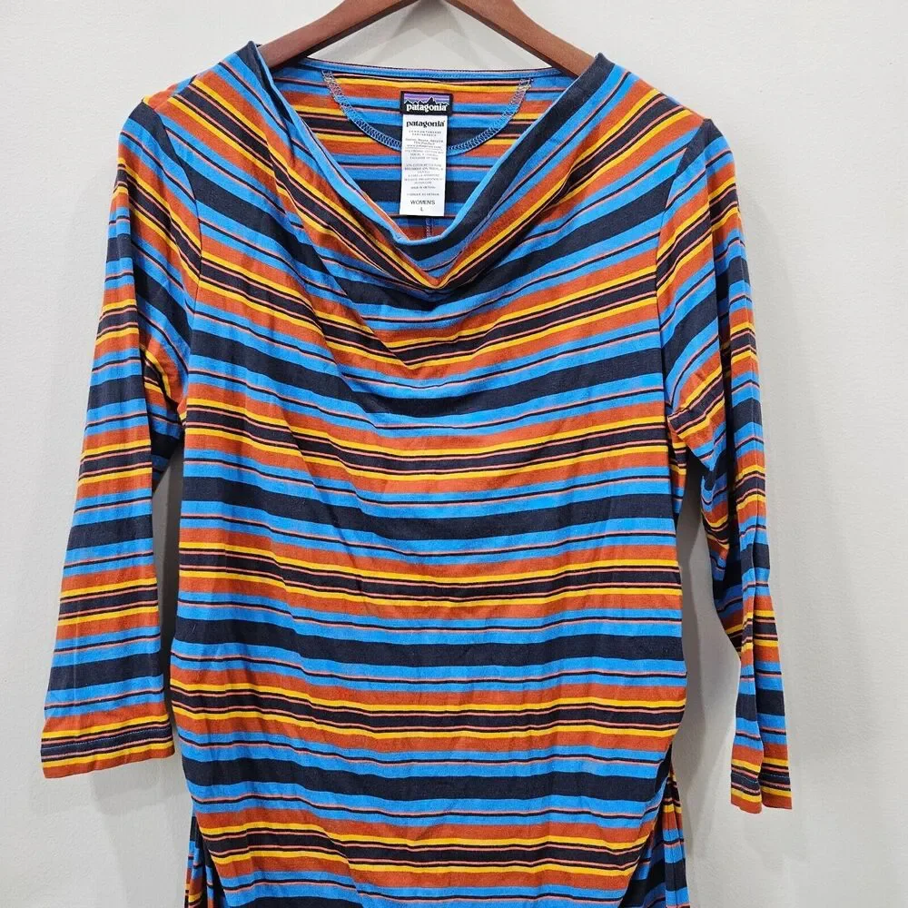 Patagonia Womens Kamala Cowl Neck Dress L Multicolor Ruched Striped Western Fall